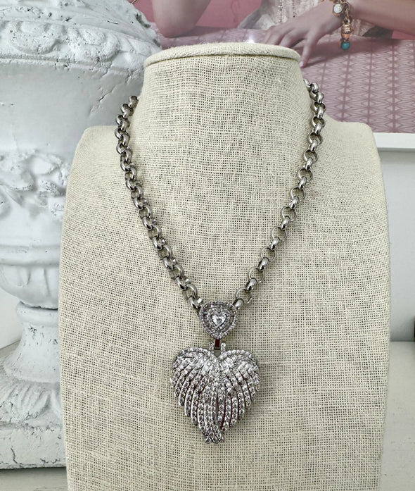 Angel Wings Heart Necklace - Silver - Image #2
