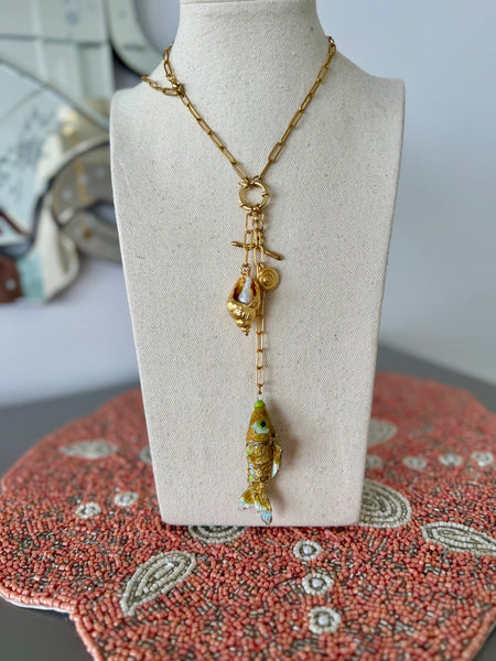 Yellow Koi & Conch Charm Lariat Necklace