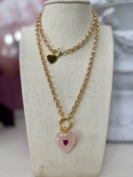 Long Rose Quartz Heart Necklace