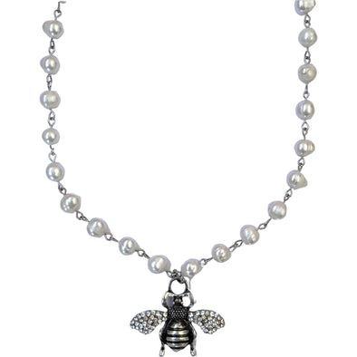 Honey Bee Pearl Necklace - Silver