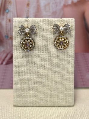 Ribbon Flower Pearl Earrings - Gold