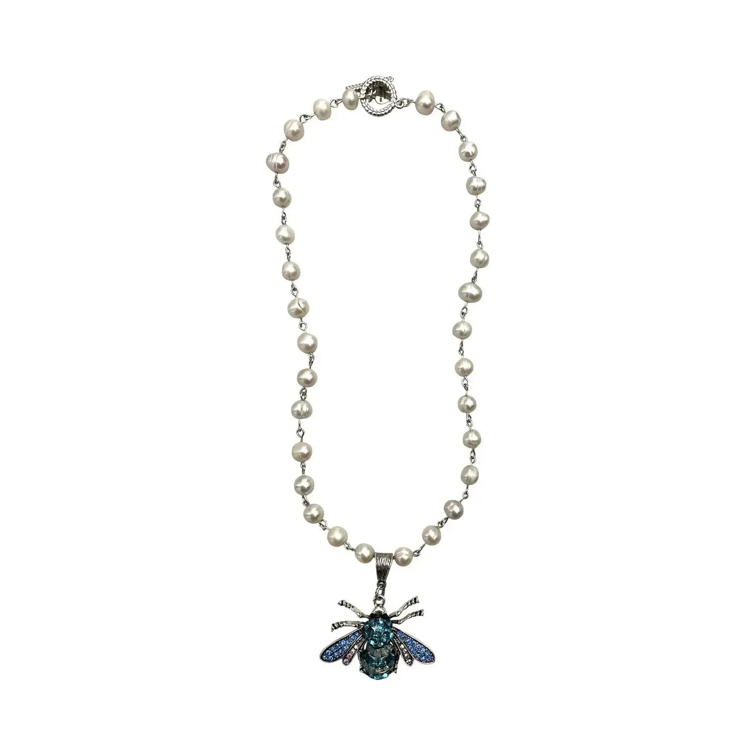 Crystal Pearl Gold Bee Insect Pendant Necklace