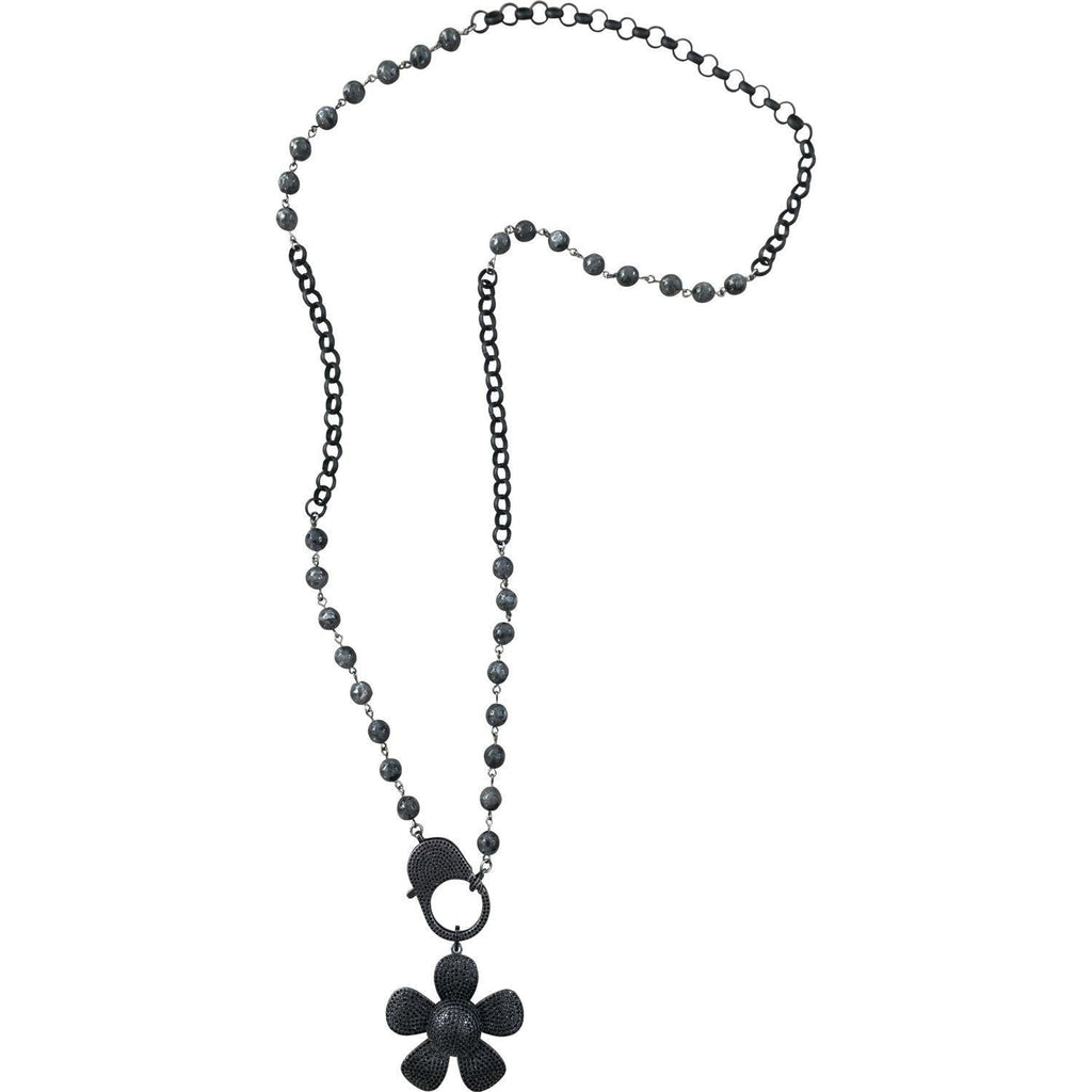 Black Daisy Long Necklace - Elegant Labradorite & CZ Crystal